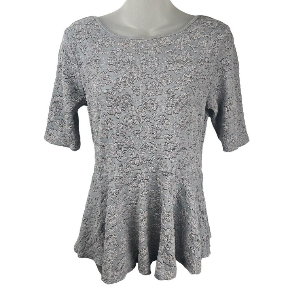 Free People Silver Second Chance Scoop Back Stretch Lace Peplum Blouse Top Sz L
